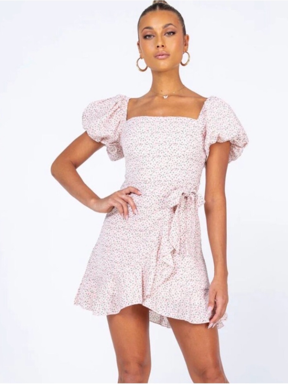 Princess Polly Ditsy Puff Sleeve Mini Dress in Pale Pink